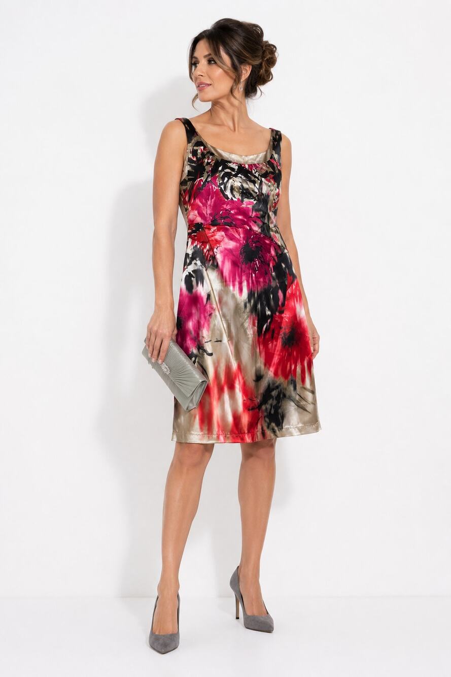 J206 Elie Tahari Womens Size 10 Floral Satin Dress Pink Black Beige Sleeveless